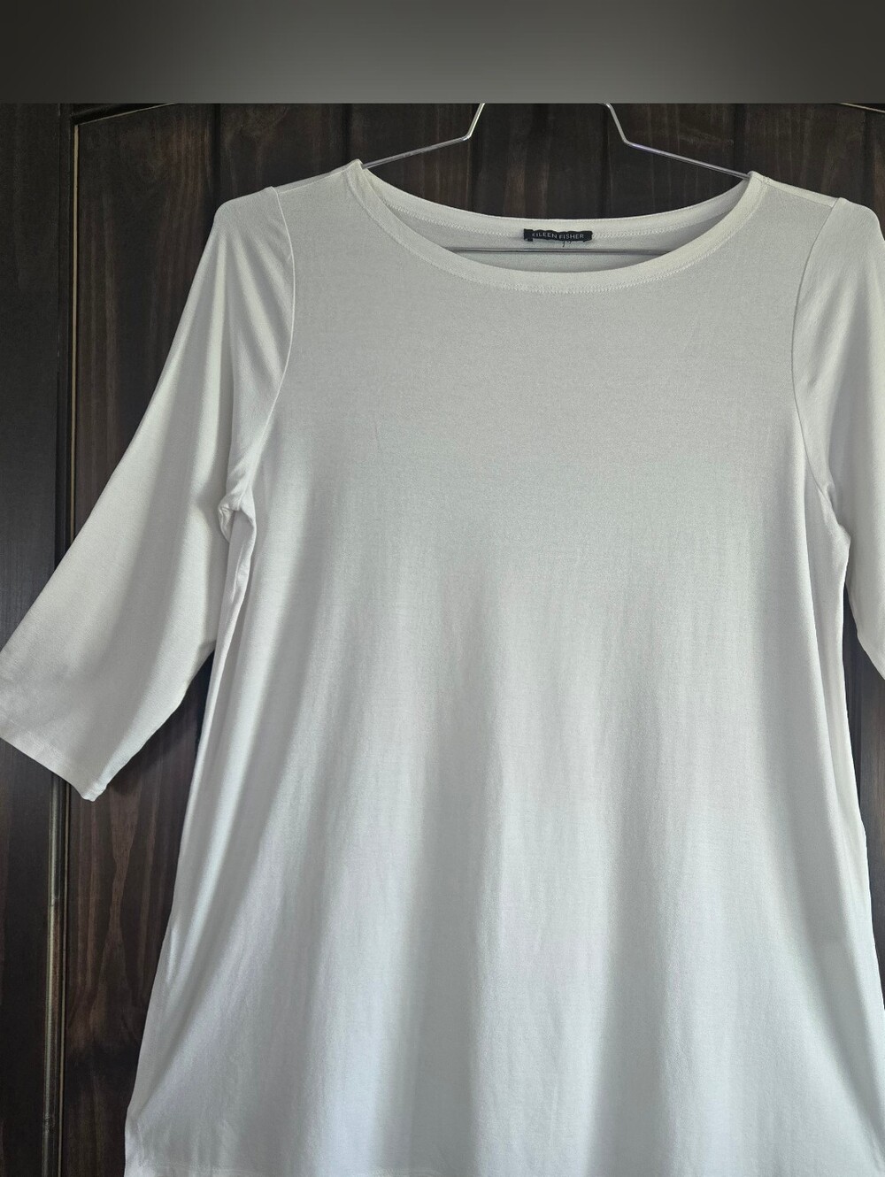 EILEEN FISHER Blouse Stretch Viscose Jersey Swing Tunic 3/4 Sleeve White Medium